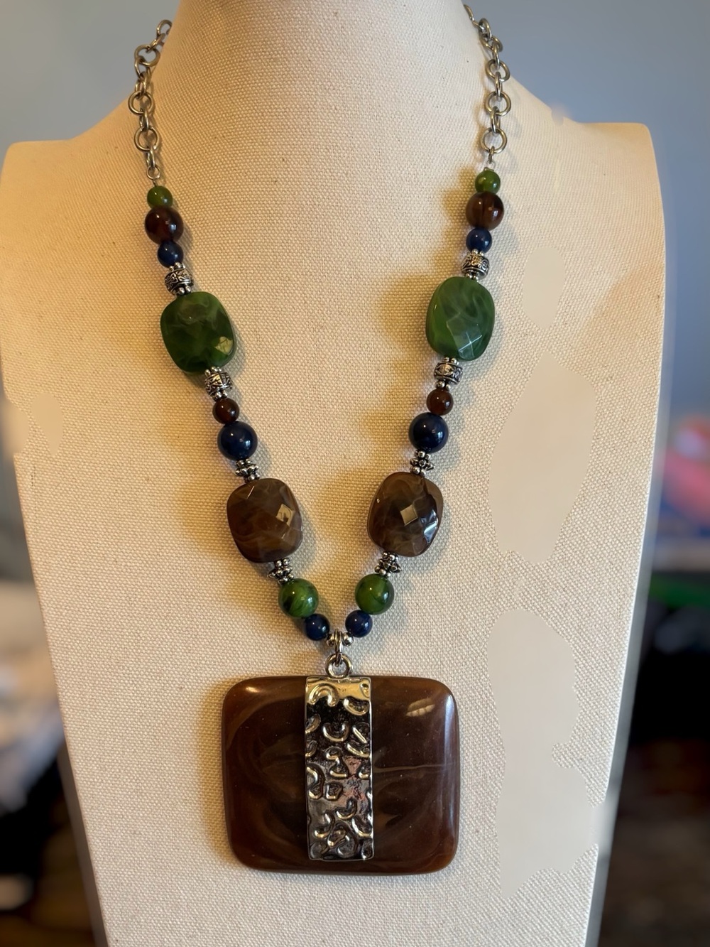 Multi-Bead Green and Brown Statement Pendant Necklace